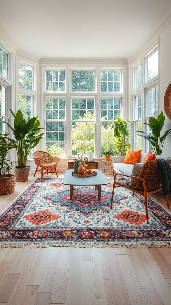 A bright living room featuring a colorful boho rug, large windows, and indoor plants.