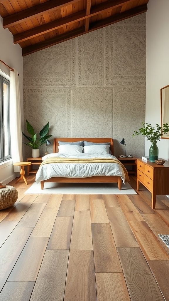 Cozy bedroom with wooden flooring, a bed, and plants, showcasing an outdoor-inspired theme.