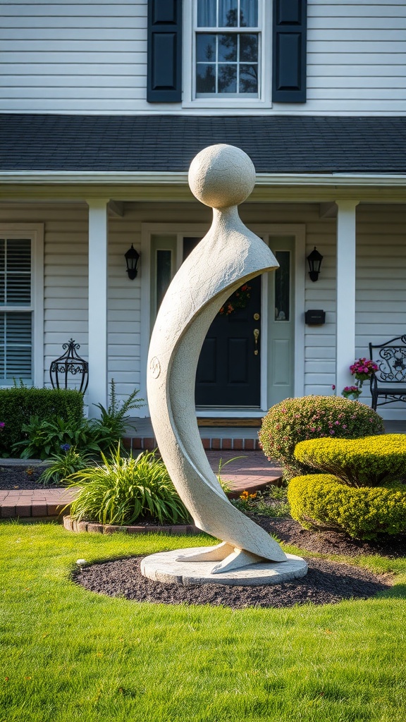 A modern sculpture in a well-maintained front yard, surrounded by greenery.
