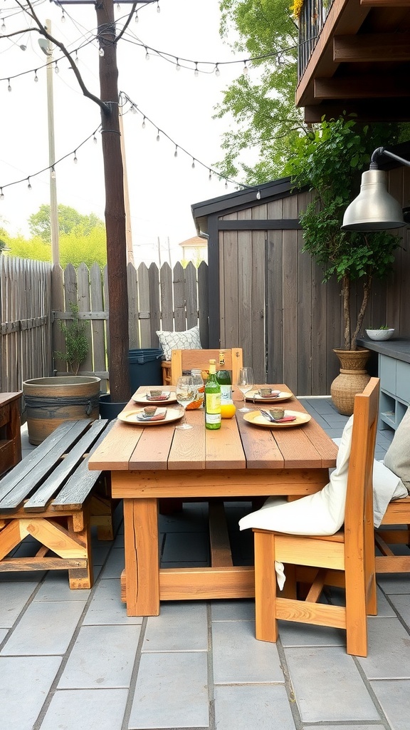 A rustic outdoor dining setup featuring a wooden pallet table with plates and drinks, surrounded by casual seating and warm lighting.