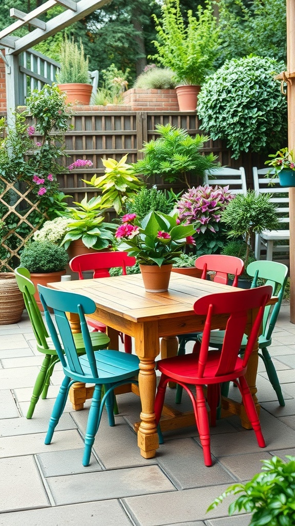 Colorful upcycled chairs around a wooden table in a lush backyard garden.