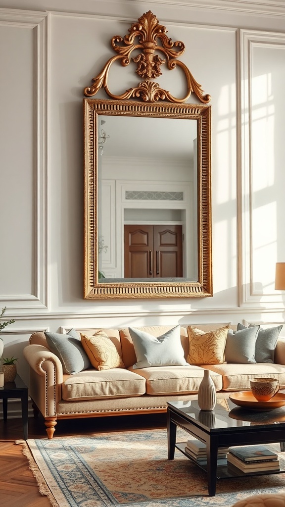 A large, ornate mirror hangs above a cozy couch in a stylish living room.