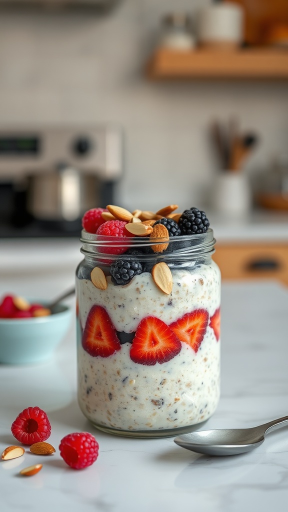 A jar of overnight oats topped with fresh berries and almonds