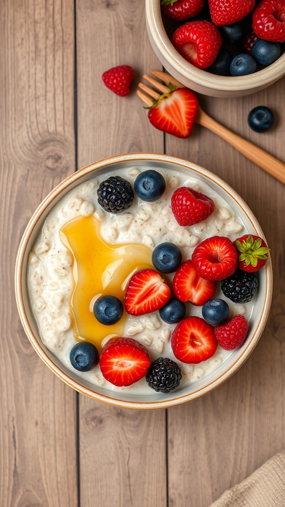 A bowl of overnight oats topped with fresh berries and honey.