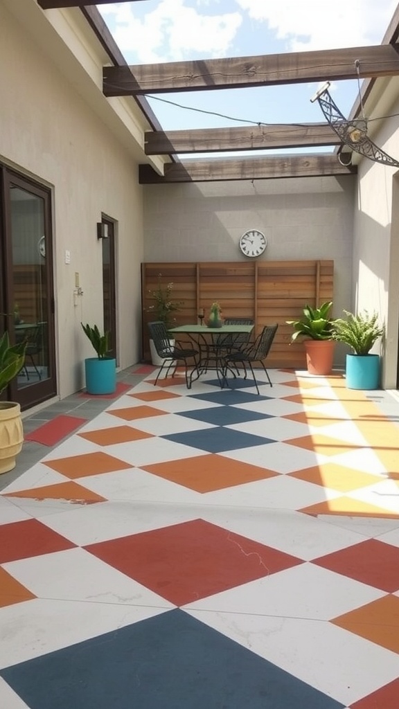 Colorful painted concrete flooring in an outdoor patio