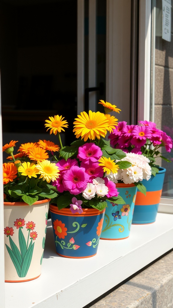 Colorful painted flower pots filled with vibrant flowers on a windowsill.