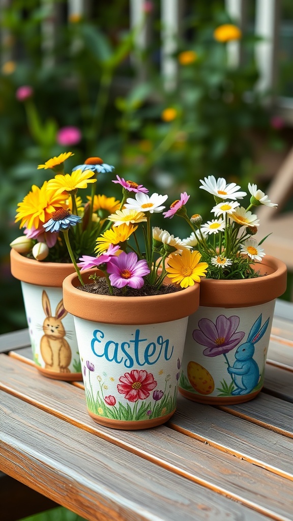 Three painted terracotta pots with flowers, featuring Easter designs like bunnies and colorful blooms.