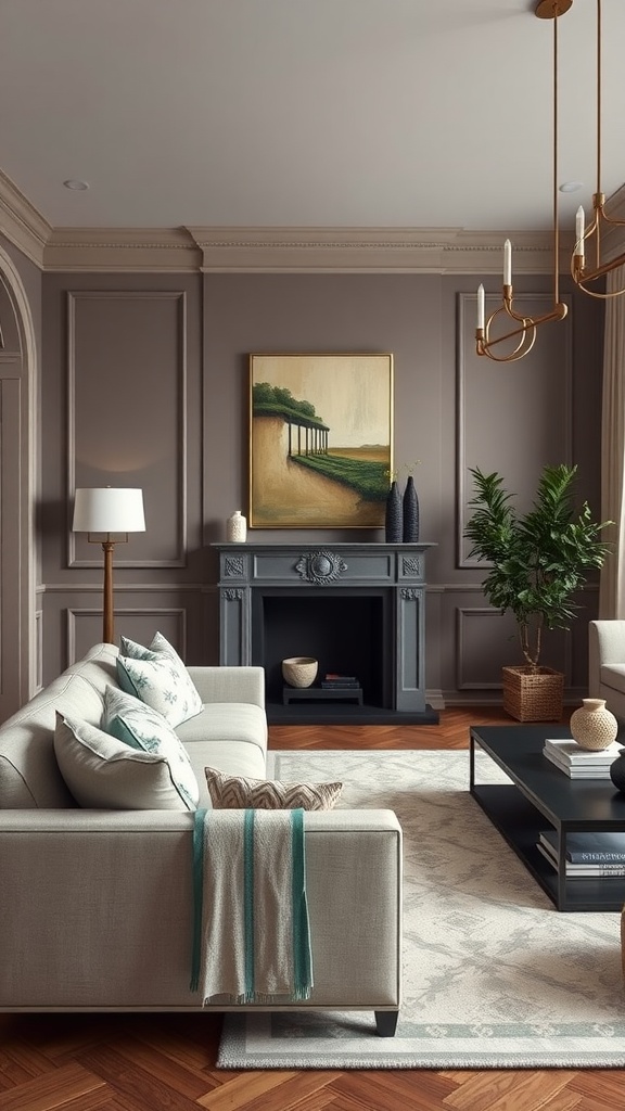 Stylish living room with panel molding and elegant decor.