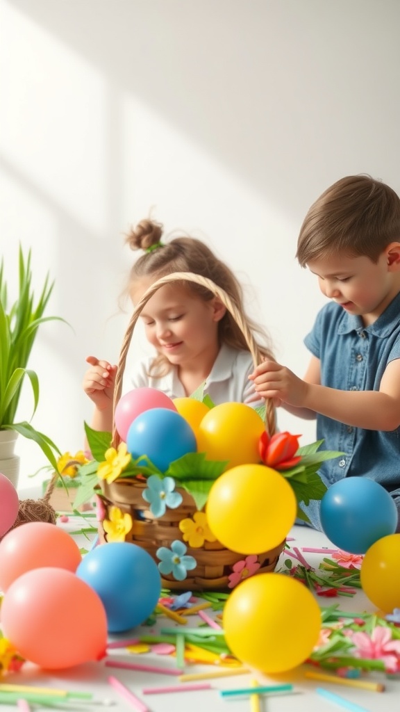 Children creating a colorful Easter basket filled with balloons and flowers.