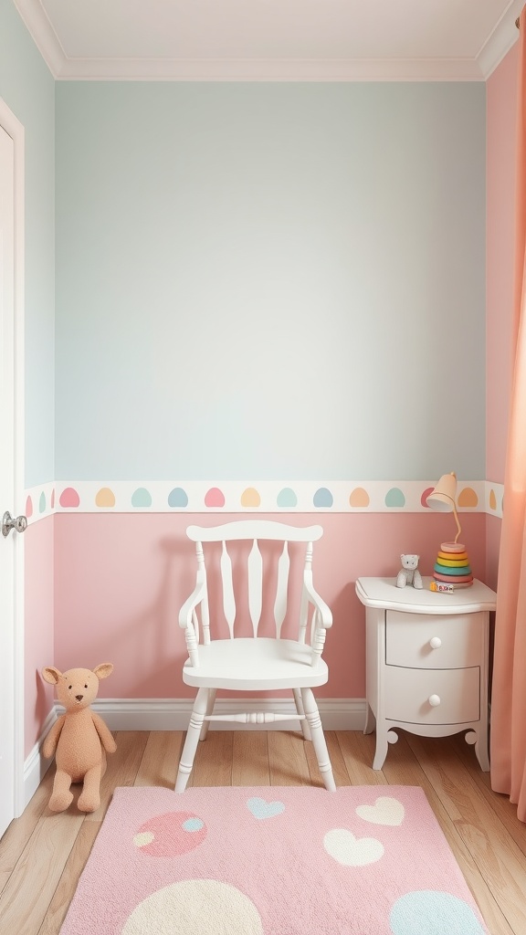 A children's room featuring pastel two-toned walls with a white chair rail, a white chair, plush toys, and a soft rug.