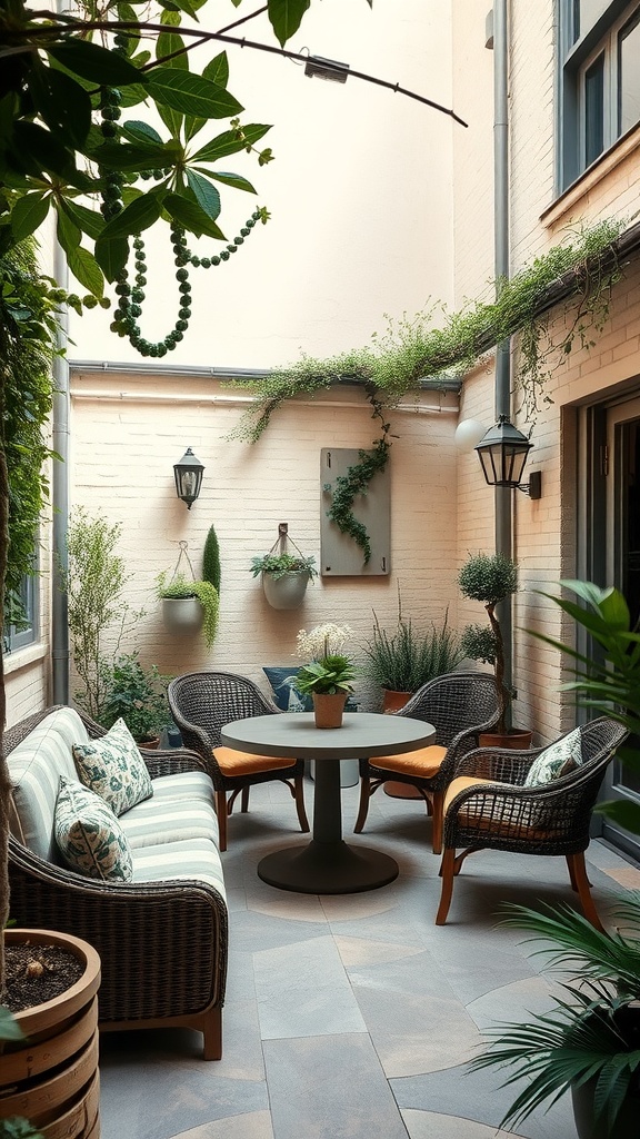 A cozy patio with wicker furniture, a round table, and greenery.