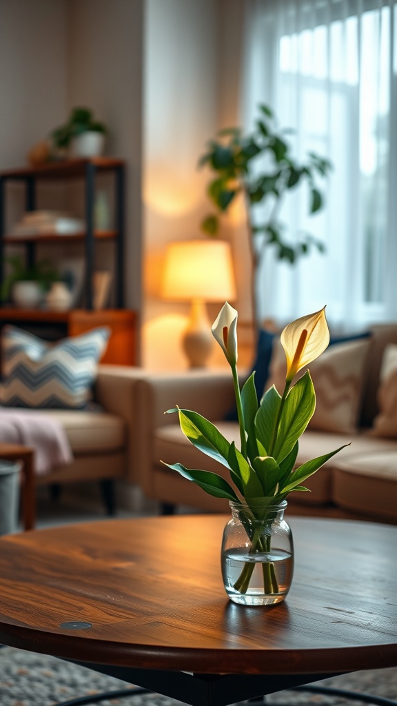 A peace lily with elegant white blooms displayed in a glass vase on a wooden table.