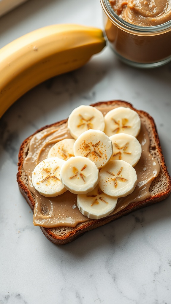 A slice of toast topped with peanut butter and banana, garnished with a sprinkle of cinnamon.