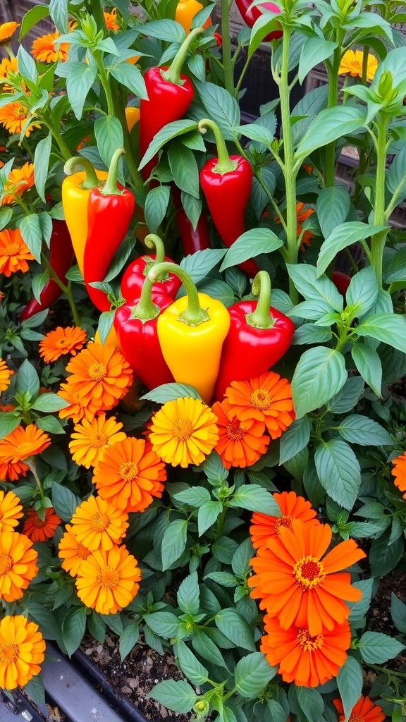 A colorful garden featuring red, yellow, and orange peppers surrounded by bright orange marigolds.