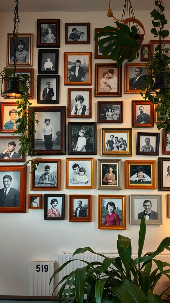 A wall filled with framed black and white family photos surrounded by green plants.