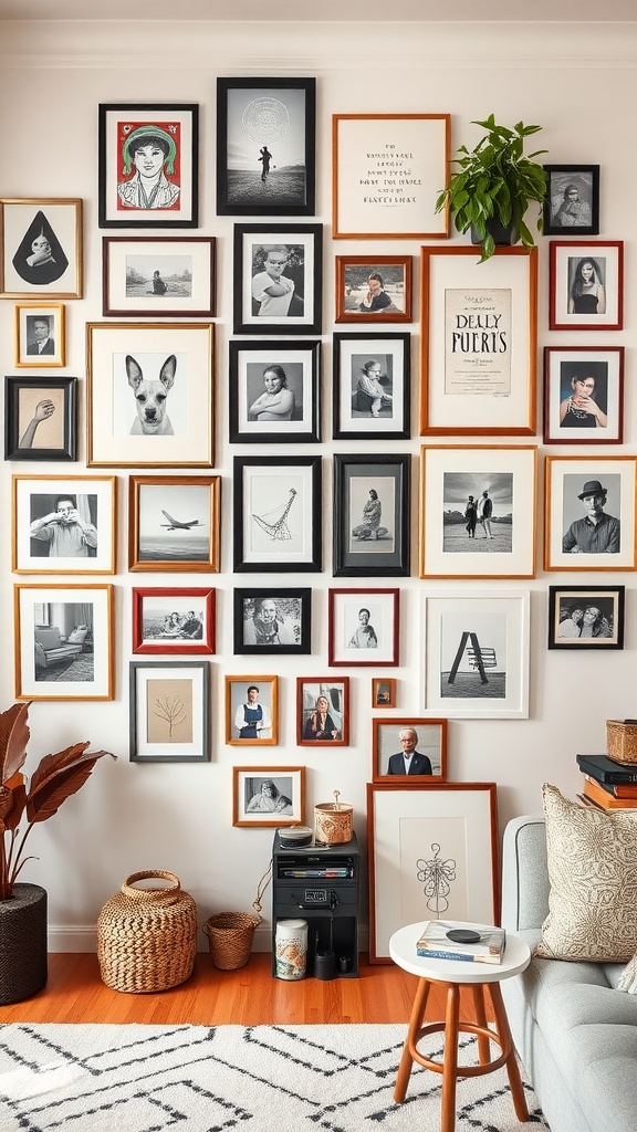 A personalized gallery wall featuring a variety of framed artwork and photographs, complemented by a plant and stylish decor.