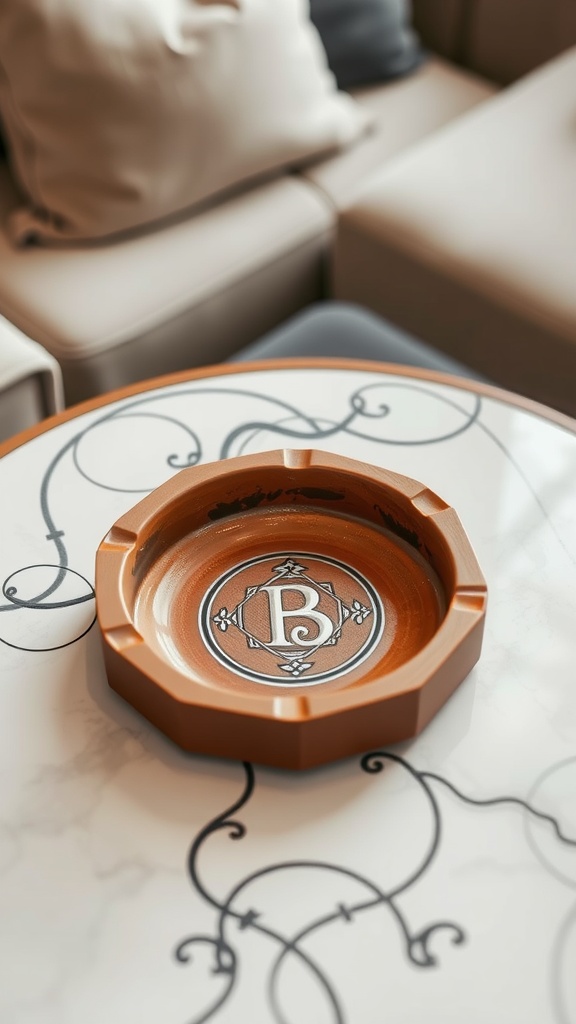 A personalized monogram clay ashtray featuring a letter 'B' on a decorative table.