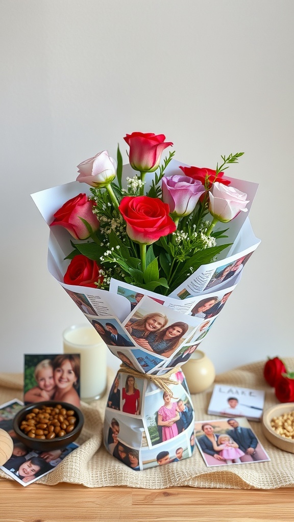 A bouquet wrapped in personalized photos, featuring colorful roses.