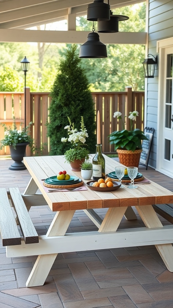 A beautifully styled picnic table with a two-tone wood finish, adorned with plates, drinks, and decorative plants.