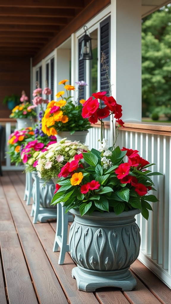 Colorful flower planters on a deck