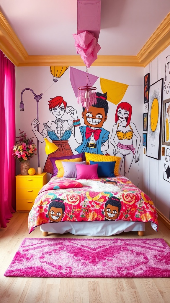 A playful bedroom with colorful wall art and vibrant bedding.