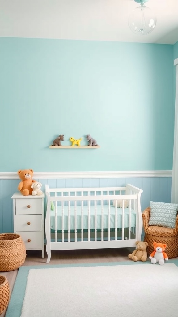 A bright nursery featuring teal and light blue two-toned walls with a white crib and playful decor.