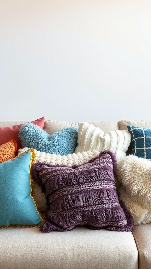 A collection of colorful and textured throw pillows on a beige couch