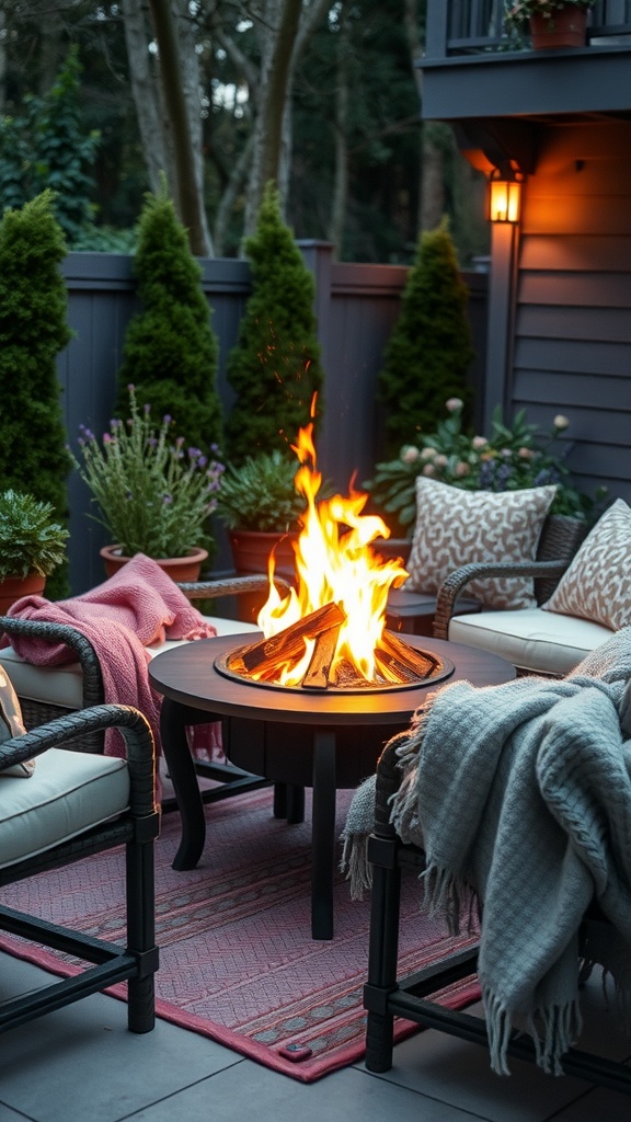 Cozy outdoor patio featuring a portable fire pit surrounded by chairs and blankets.