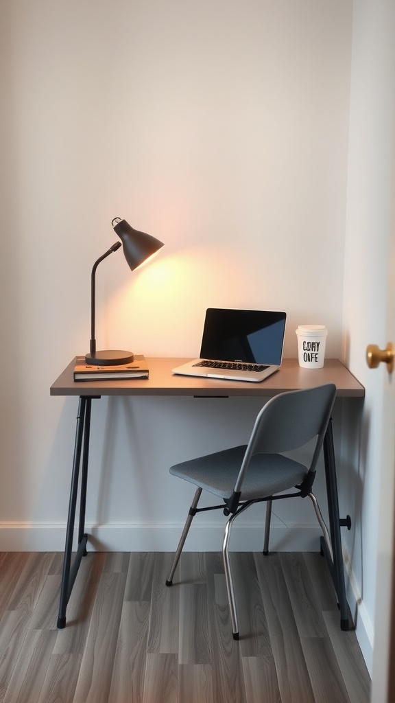 A small, minimalistic desk setup with a laptop, lamp, and coffee cup in a cozy corner.