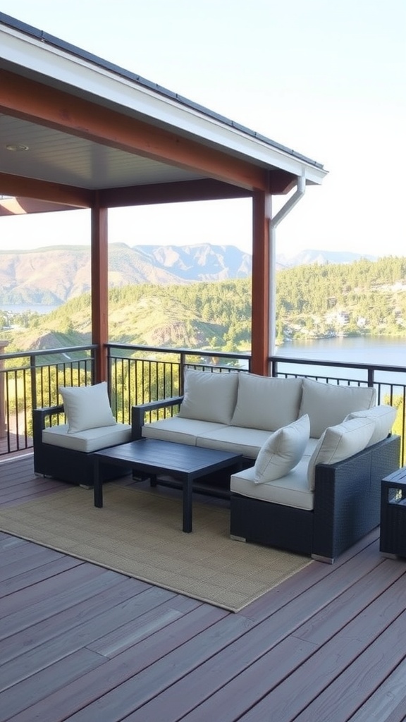 A portable outdoor sofa with plush cushions and a coffee table, set against a scenic backdrop.