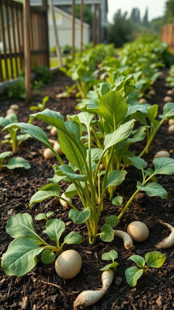 A garden with rows of potato plants and horseradish, showcasing healthy green leaves and young tubers