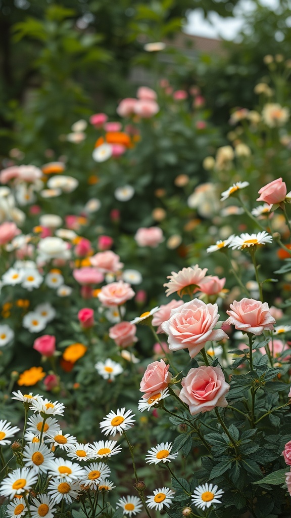 A garden filled with pink roses, daisies, and marigolds.