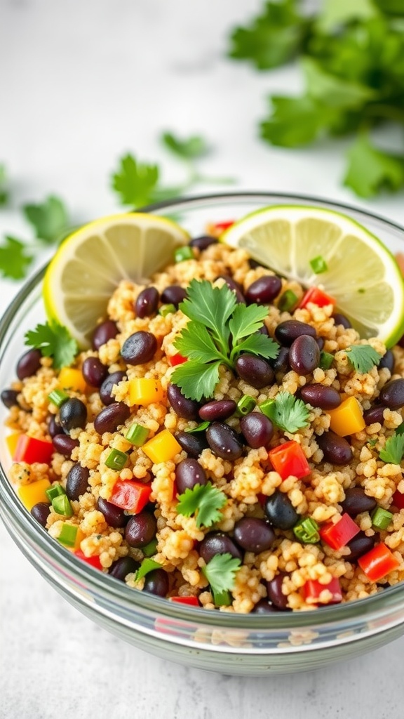 A bowl of quinoa and black bean salad with colorful peppers and lime wedges.