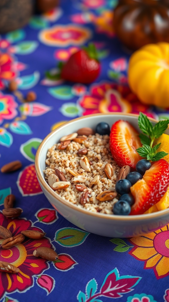 A colorful quinoa breakfast bowl topped with nuts and various fruits, presented in a decorative bowl.