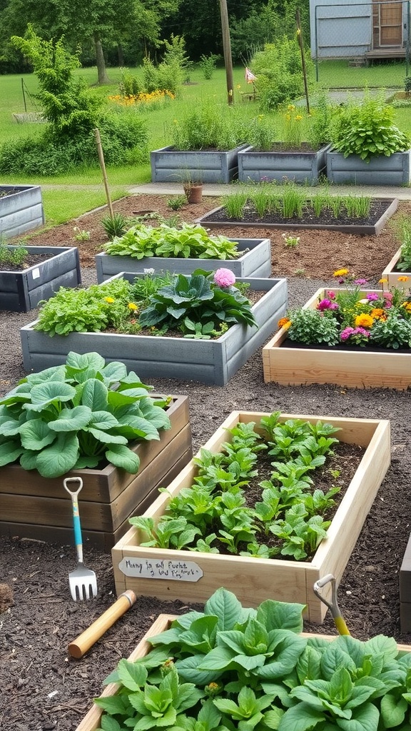 A lush garden featuring various raised beds filled with vegetables and flowers, showcasing easy maintenance and organization.