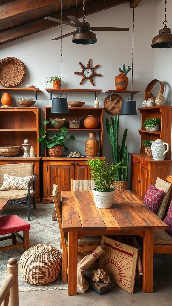 A cozy dining area featuring reclaimed wood furniture, plants, and decorative items.