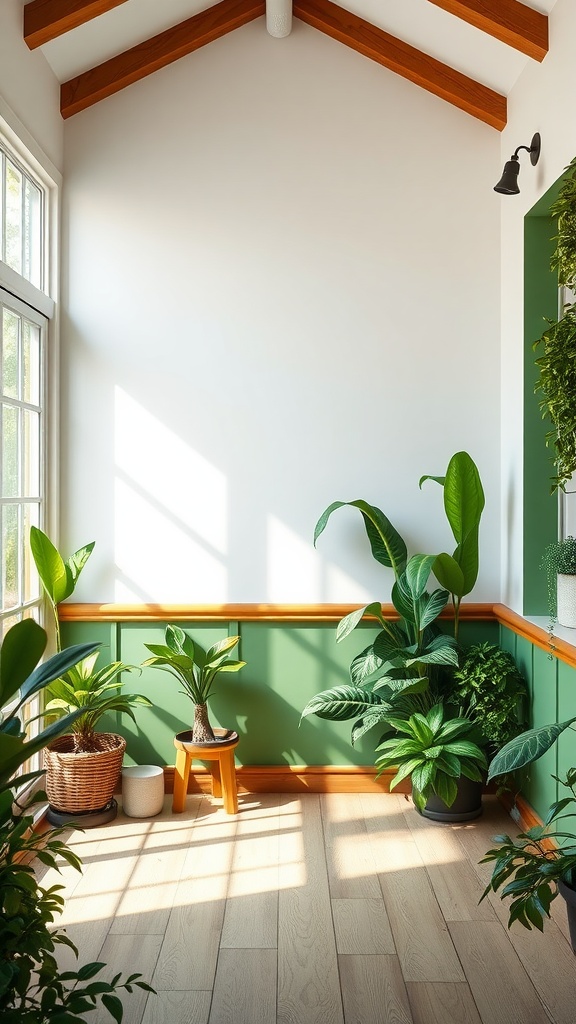 A bright garden room featuring green and white two-toned walls, with plants and wooden details.