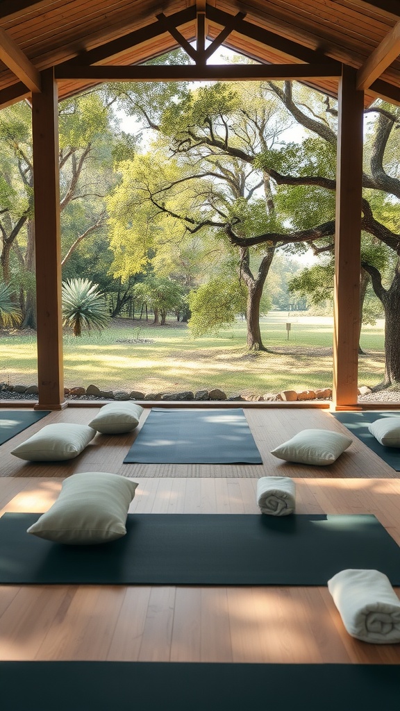 A meditation zone with soft mats and cushions overlooking a green landscape.