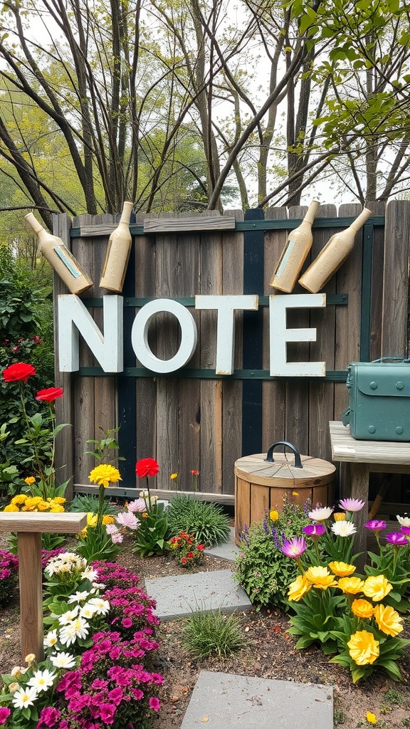 A garden scene featuring colorful flowers, a wooden fence with the word 'NOTE' and art made from repurposed materials.