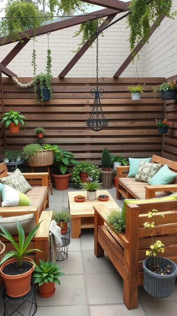 A cozy outdoor patio featuring repurposed pallet furniture with plants and decorative elements.