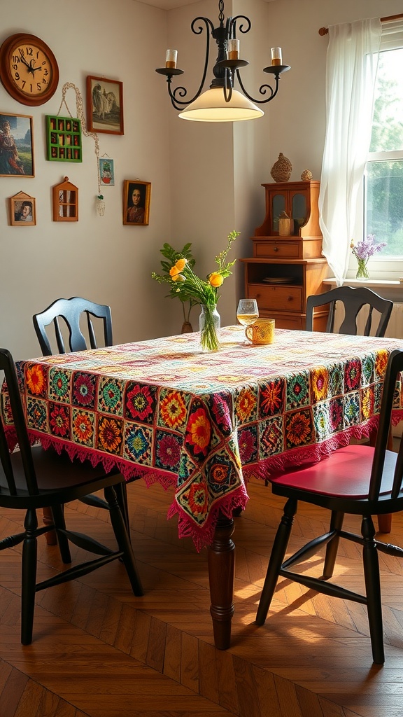 A cozy dining area featuring a retro granny square tablecloth with colorful patterns, wooden furniture, and simple floral decor.