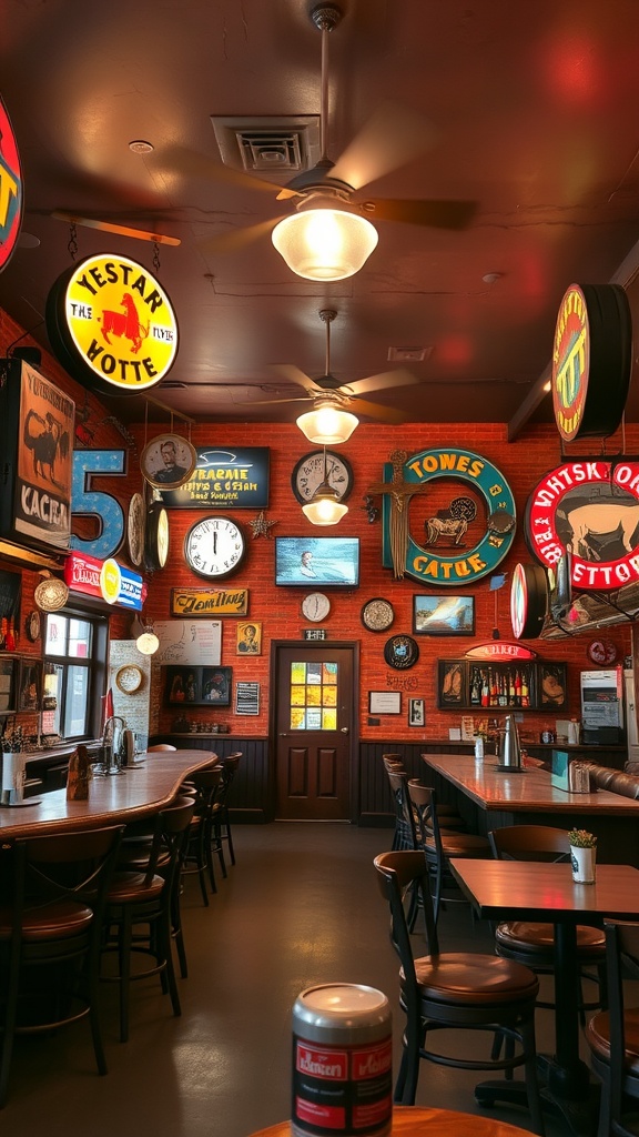 Colorful retro Western signs and memorabilia displayed in a rustic setting