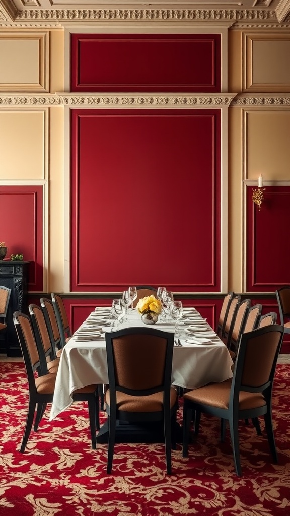 Dining room with rich burgundy and soft beige two-toned walls, featuring a chair rail.