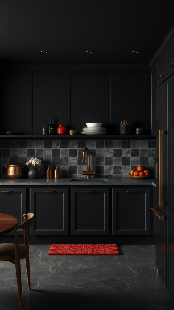 A stylish kitchen featuring dark tones, rich textures, and warm metallic accents.