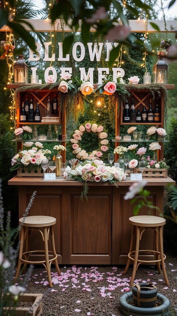 A beautifully decorated bloom bar featuring soft pastel flowers and elegant decor in a garden setting.