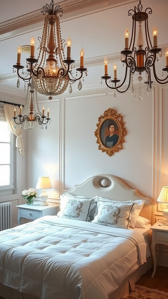 A beautifully lit French Cottage Bedroom featuring chandeliers and bedside lamps.