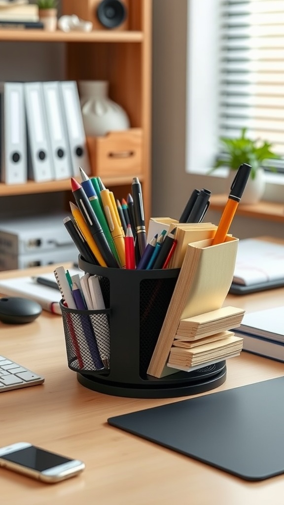 A rotating desk organizer with pens, sticky notes, and notebooks on a wooden desk.