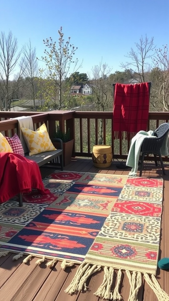A colorful rug and cozy accessories on a deck, creating a warm outdoor space.