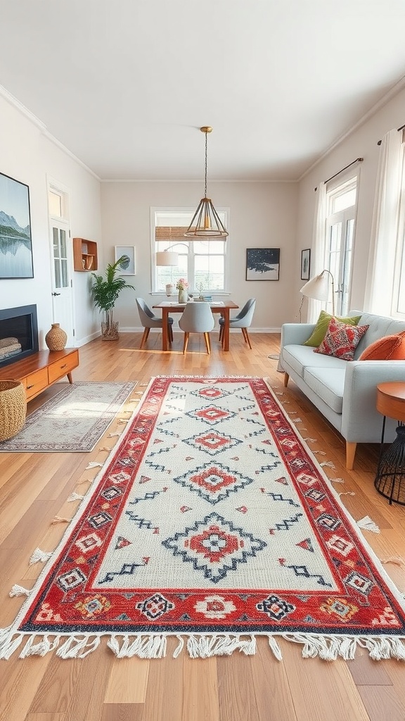 A stylish boho rug runner in a living room connecting the sitting and dining areas