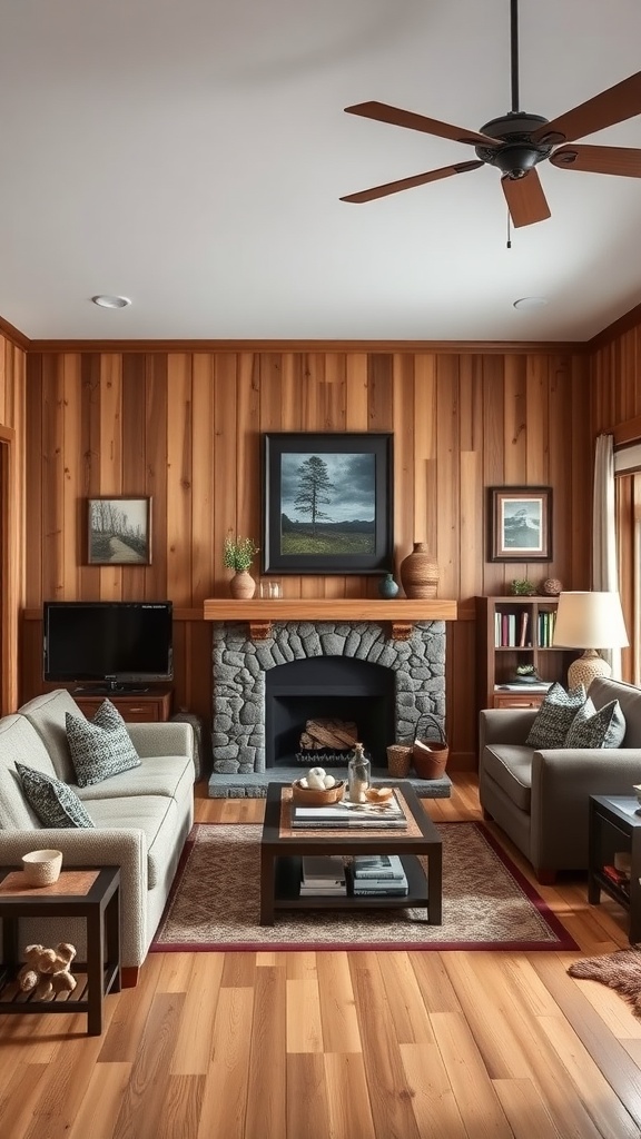 Living room with rustic barn wood wainscoting and cozy furniture.